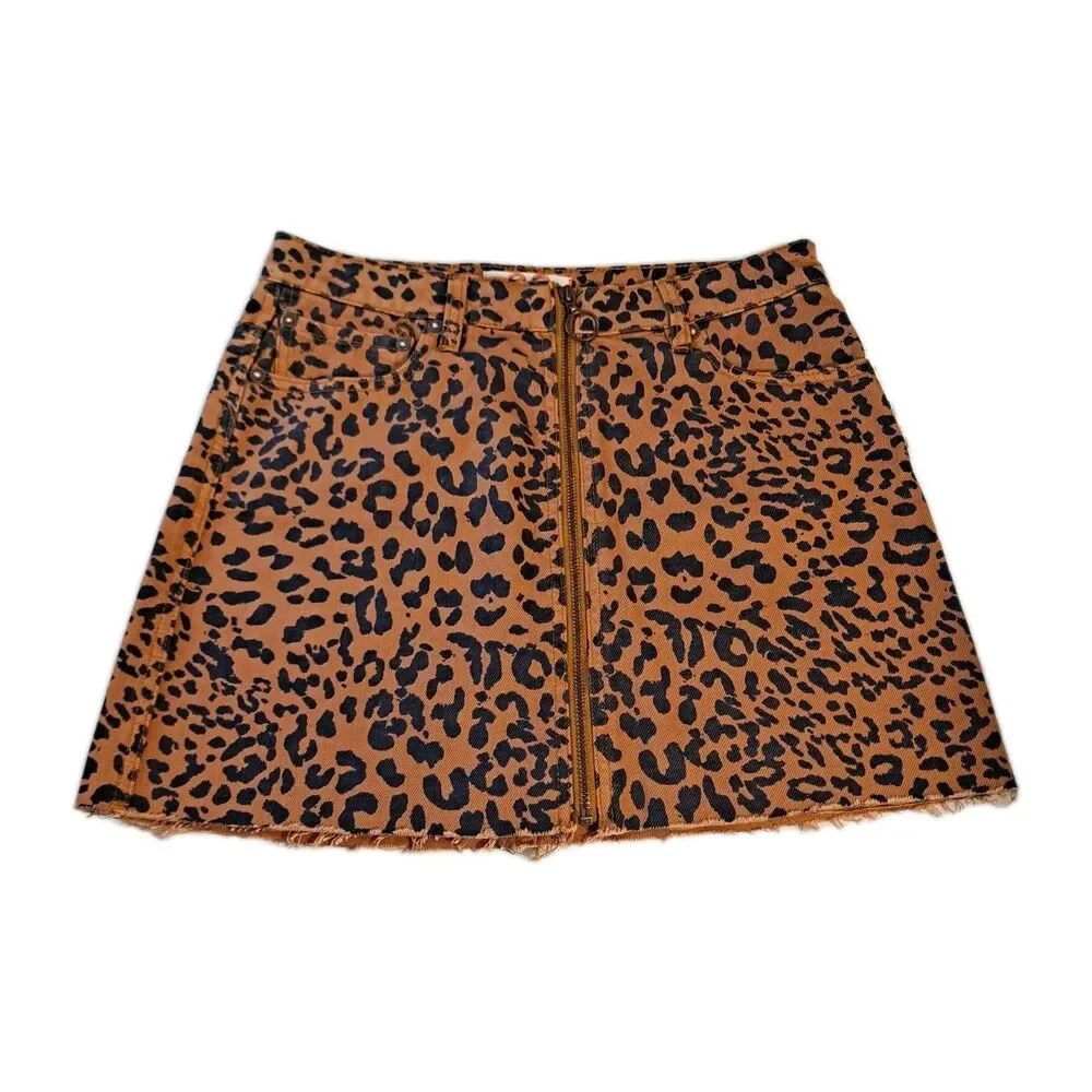 Free People We The Free Womens Mini Skirt Size 28 Leopard Print Full Zip Raw Hem
